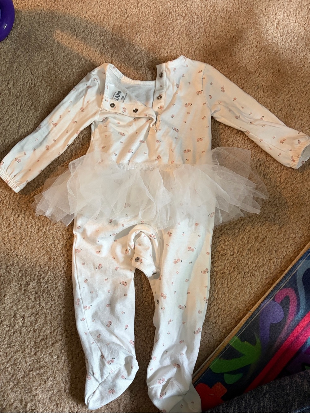 White Baby Tutu Footed Onesie with Pink Floral Print